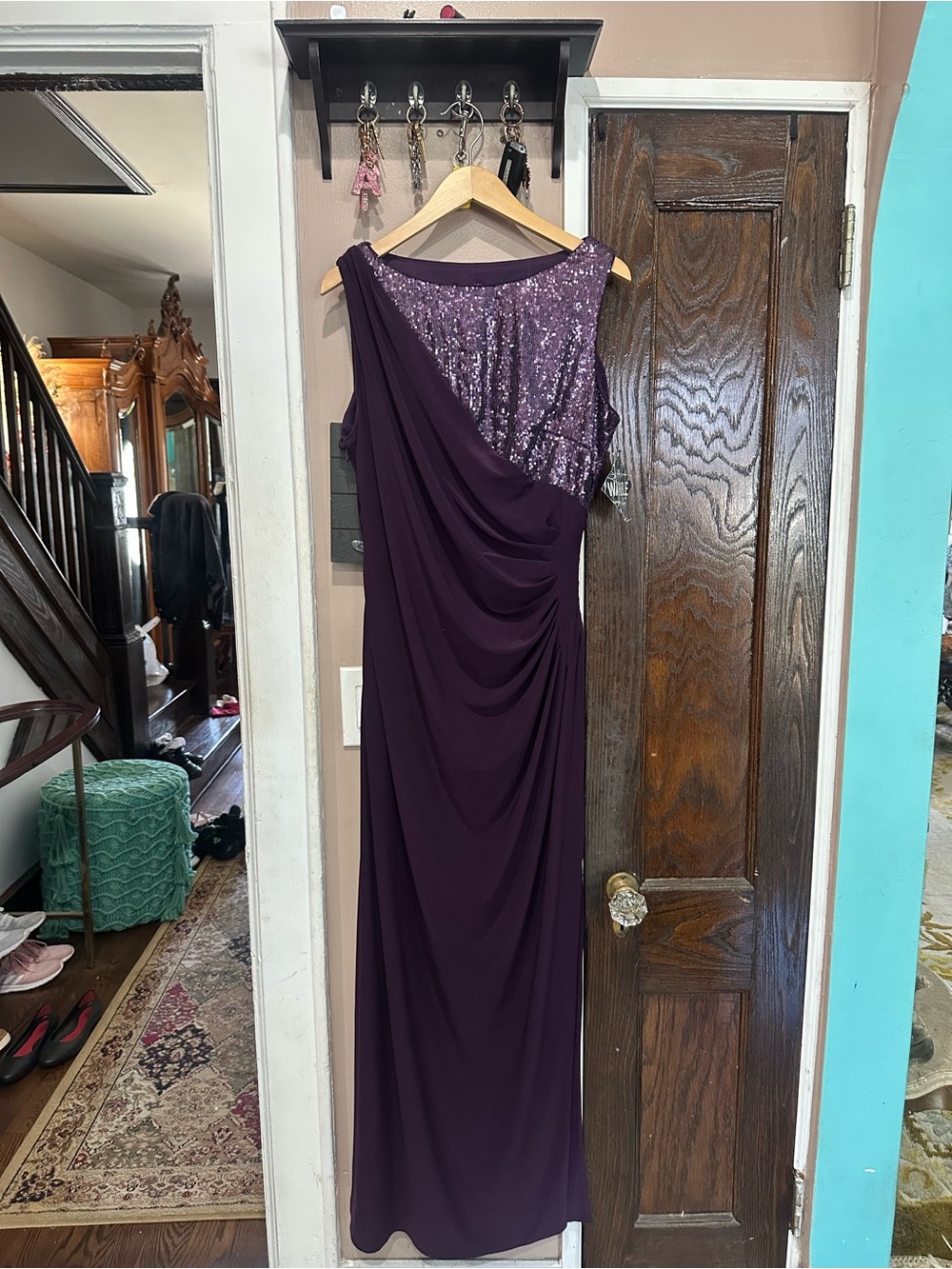 R&M Richards Plum Sequin Bodice Draped Maxi Gown